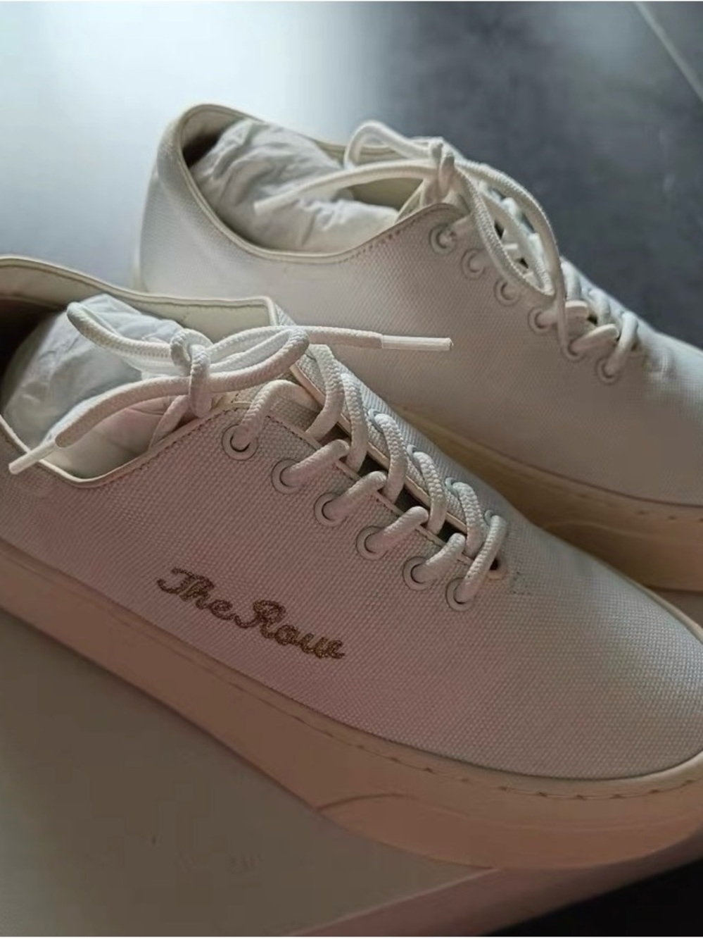 The Row Women Low-Top Canvas Sneakers in Cream - Picture 2 of 3